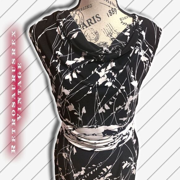 Adrianna Papell Black & White Abstract Floral Sleeveless Stretch Dress, Size 8 - Picture 3 of 6